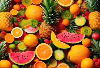 vibrant floating fruit display above colorful backgrounds striking visual appeal, apple, banana, berry, blueberry, citrus, delicious, grape, kiwi, lemon