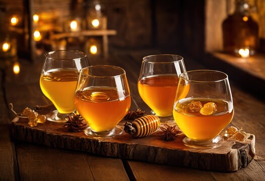 artistic close exquisite mead tasting flight featuring transparent glass cups vivid golden honey amber hues nestled rustic wooden board, color, texture, drink