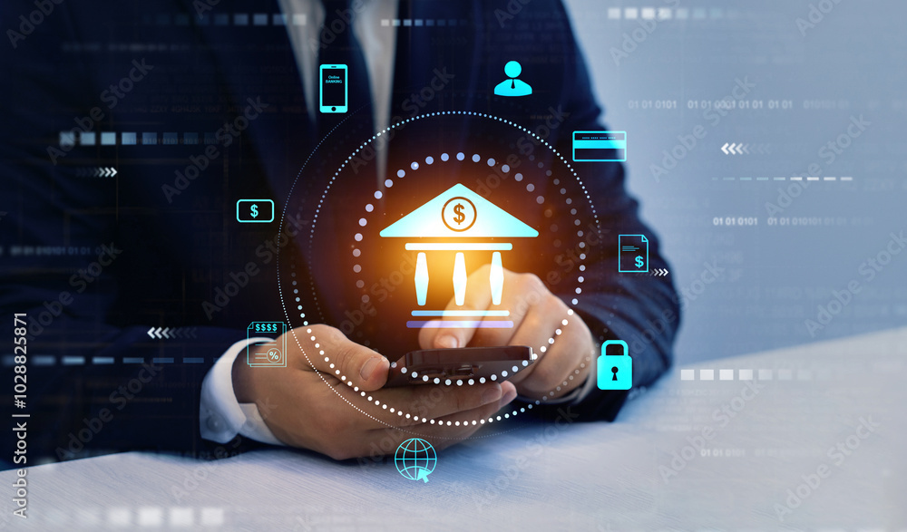Aufkleber online banking and digital marketing technology. financial digital innovation technology. finance an