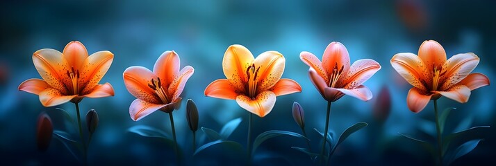 Obraz premium Lilies in the morning light: elegance and grace A peaceful depiction of colorful lilies blooming in the soft morning light, creating a serene atmosphere.