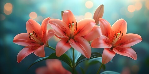 Obraz premium Lilies in the morning light: elegance and grace A peaceful depiction of colorful lilies blooming in the soft morning light, creating a serene atmosphere.