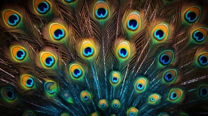Obraz premium Close-up View of a Peacock's Tail Feathers with Vibrant Eyespots
