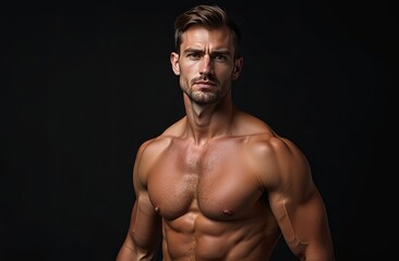 Fototapeta premium Strong Athletic Man Fitness Model showing six pack abs. Fitness man pumping up abs muscles in gym. Workout fitness and bodybuilding healthy concept background.