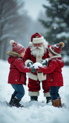 Santa Claus playing with children in snowballs outdoors, snowy forest in daylight, it is snowing
