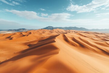 Stunning aerial view of vast desert landscape with golden sand dunes and a clear blue sky, capturing the beauty of nature.