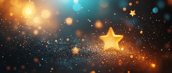 Soft focus festive holiday background with shimmering gold and teal bokeh lights, twinkling star shapes, and elegant space for text overlay