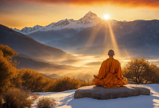 A meditating buddhist sitting in nature by sunrise wearing a traditional Kasaya - Ai generated