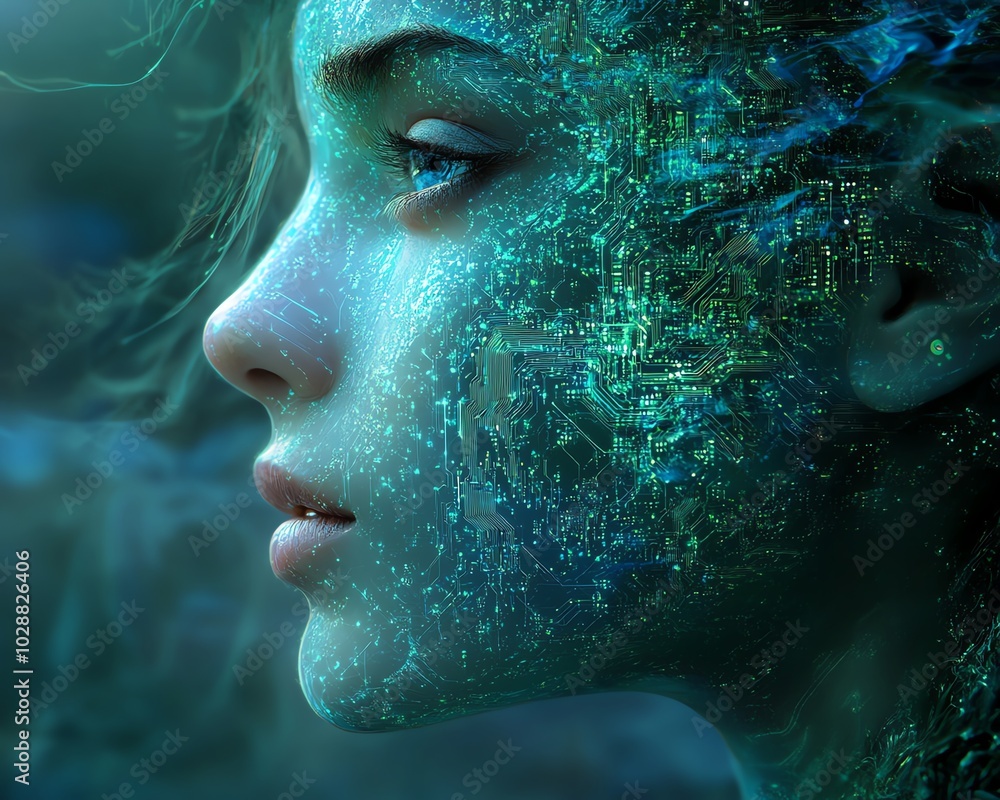 Poster surreal digital portrait featuring an ethereal ai face, intertwined with swirling blue light tendril