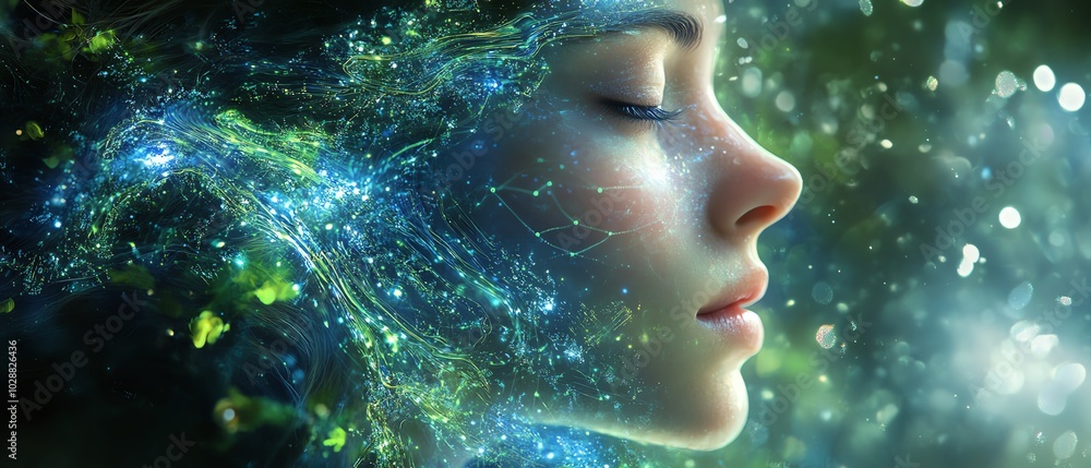 Aufkleber Surreal digital portrait showcasing an ethereal AI face, surrounded by dynamic blue light tendrils and intricate green circuits, with soft focus blur