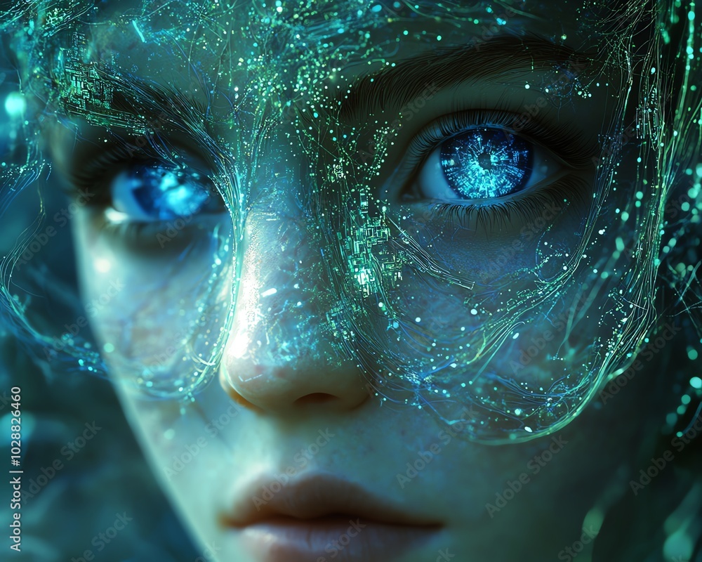 Poster Surreal digital portrait featuring an ethereal AI face, intertwined with swirling blue light tendrils and detailed green circuit patterns, soft depth of field blur