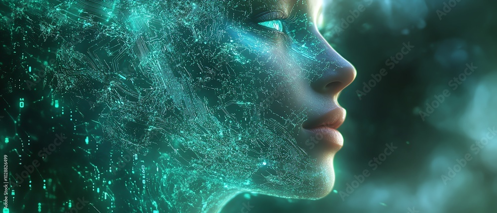 Poster surreal digital portrait showcasing an ethereal ai face, surrounded by dynamic blue light tendrils a