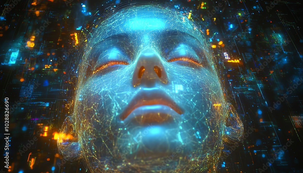 Fototapete AI entity emerging from a cosmic digital realm, surrounded by luminous circuits and neural network tendrils, abstract data streams in a futuristic holographic setup