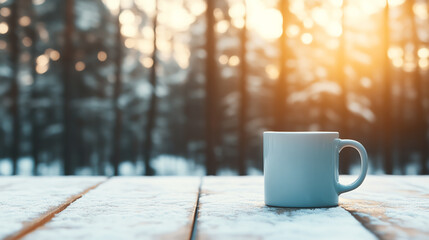 Obraz premium A serene winter scene featuring a steaming mug placed on a snow-covered table, with soft sunlight filtering through frosty trees in the background.