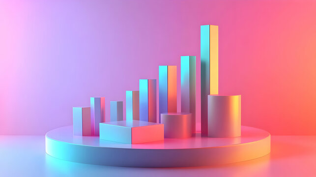 3D Plain White Podium with Holographic Growth Chart for Business Success - Iconic Representation of Economic Progress on Isolated White Background