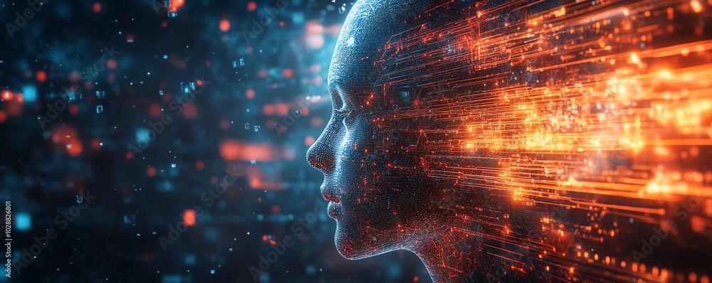 Poster AI entity emerging from a vibrant digital cosmos, surrounded by radiant circuits, neural network tendrils, and abstract data streams in a holographic display