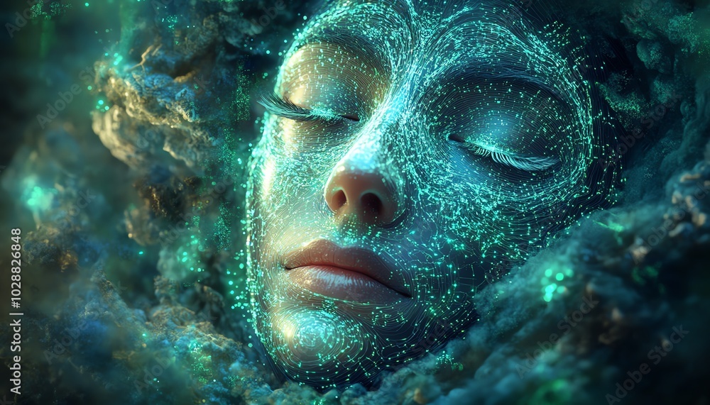 Poster AI face emerging from a mystical blue light swirl, intricate green circuits surrounding it, depth of field blur enhancing the surreal digital portrait