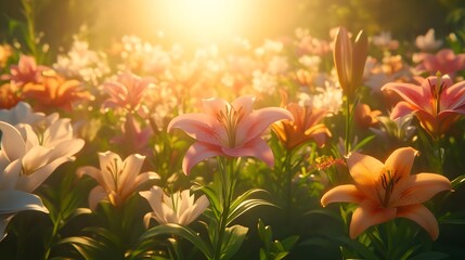 Lilies in the morning light: elegance and grace A peaceful depiction of colorful lilies blooming in the soft morning light, creating a serene atmosphere.