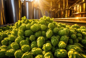 vibrant detailed close fresh hops over brass brewing equipment highlighting rich textures lively coloration, freshness, green, plant, nature, brewery, ale