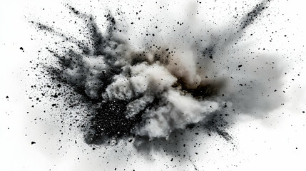 Abstract explosion of dust and debris on a white background.