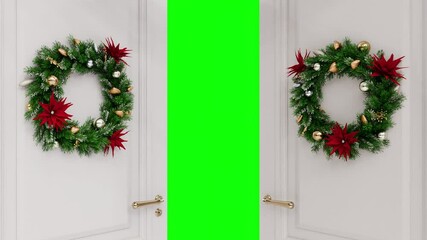 white door opening animation, christmas wreath decoration, green screen chroma key	 - Powered by Adobe