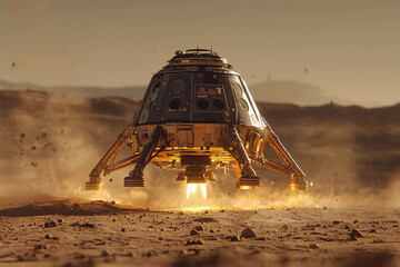 Mars lander spacecraft descends to the surface in a dusty landscape