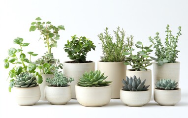 Fototapeta premium Contemporary botanical styling showcasing a collection of elegant ceramic planters with assorted succulents and leafy plants on a pure white background