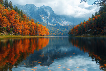Naklejka premium Autumn landscape with vibrant red trees reflecting in tranquil lake