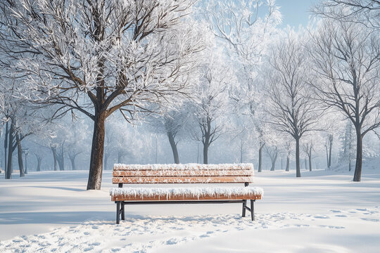 Snow-covered park bench in a serene winter landscape