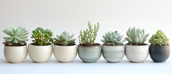 Fototapeta premium Elegant ceramic planters displaying a variety of succulents and leafy plants, styled in a modern botanical collection against a pure white background