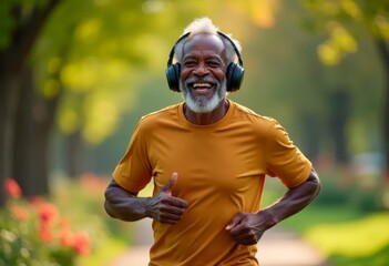 Elderly happy black man running with headphones in park 