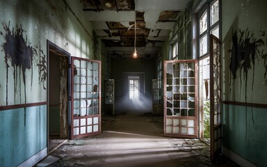a photo of Abandoned Asylum A decaying, forgotten asylum with rusted metal doors and shattered windows.  