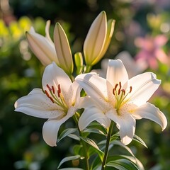 Obraz premium Lilies in the morning light: elegance and grace A peaceful depiction of colorful lilies blooming in the soft morning light, creating a serene atmosphere.
