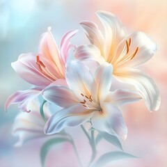 Fototapeta premium Lilies in the morning light: elegance and grace A peaceful depiction of colorful lilies blooming in the soft morning light, creating a serene atmosphere.