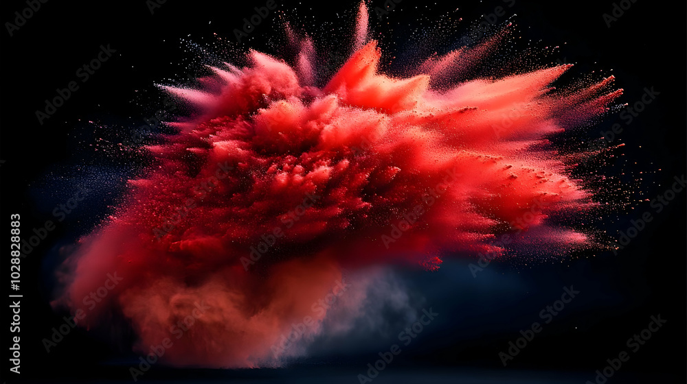 Poster abstract explosion of red powder creating a dynamic visual effect.