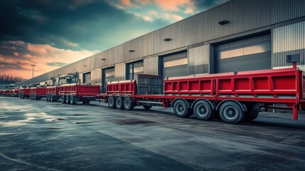 A row of flatbed trucks parked in front of a construction materials warehouse, their trailers ready for transporting heavy and oversized industrial goods.