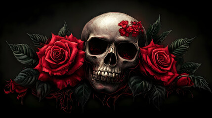 A skull surrounded by red roses and dark leaves, symbolizing life and death.