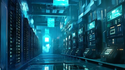 Futuristic server room with glowing screens and advanced technology, showcasing a high-tech data center environment.
