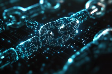 Close-up view of glowing digital chain links, representing blockchain technology and data security in a futuristic design.