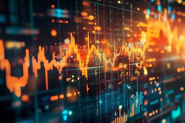 Dynamic data visualization with glowing charts and patterns, illustrating financial trends and market analytics in a modern style.