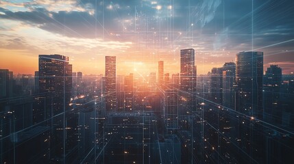 Fototapeta premium A stunning skyline at sunset with digital overlays, showcasing the blend of nature and technology in urban landscapes.