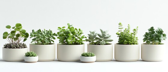 Obraz premium Modern botanical styling featuring a collection of elegant ceramic planters with various succulents and leafy plants, arranged on a pure white background for a minimalist aesthetic