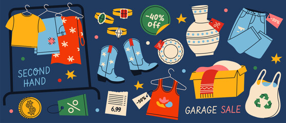 Set of used goods and clothes in second hand store or on garage sale. Reuse and zero waste concept. Flat vector illustration.
