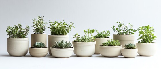 Fototapeta premium Modern botanical styling featuring a collection of elegant ceramic planters with various succulents and leafy plants, arranged on a pure white background for a minimalist aesthetic