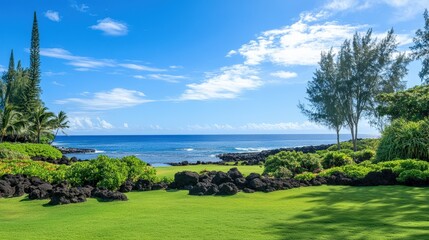 Fototapeta premium Coastal Scenery with Lush Vegetation and Tranquil Ocean Views