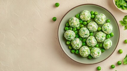 A gourmet plate of green pea and ricotta stuffed pasta, placed on a muted beige background with intricate geometric accents