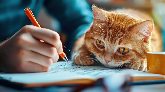 Creative Ideas Flowing: Person Brainstorming on Notepad with Playful Cat Interfering, Fun Work Atmosphere
