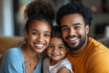 Young family smiling happily in their living room at home, Generative AI