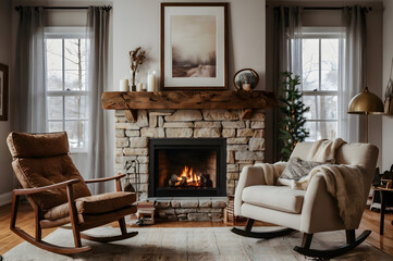 Cozy and stylish interior of the living room, fireplace, armchair, paintings on the wall.