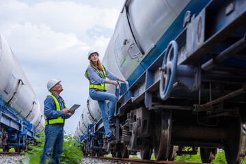 Railway maintenance workers inspecting and adjusting equipment on railway tracks between two cargo trains,ensuring safety and proper operation.Workers wearing high-visibility vests and safety helmets.