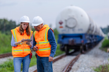 Railway workers inspecting freight train on tracks, wearing safety vests and helmets, using a...